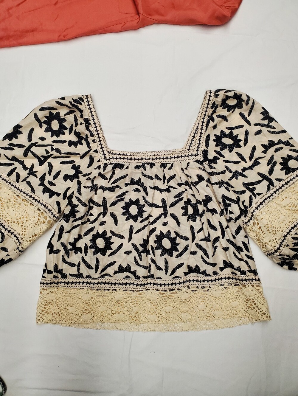 Christian Siriano New York Crop Top XS Floral Crochet Boho Linen